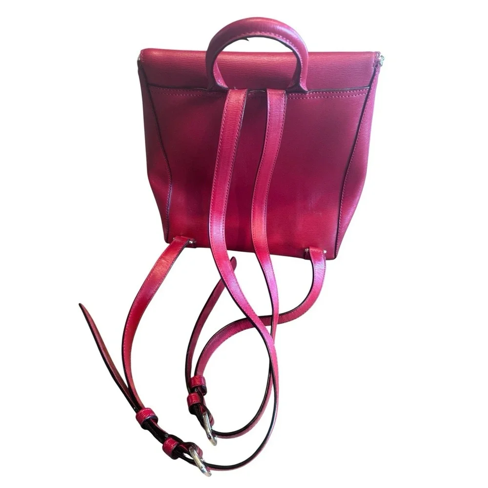 DKNY Bryant Red Leather Front Zipped Flap Over Backpack Purse Adjustable Straps